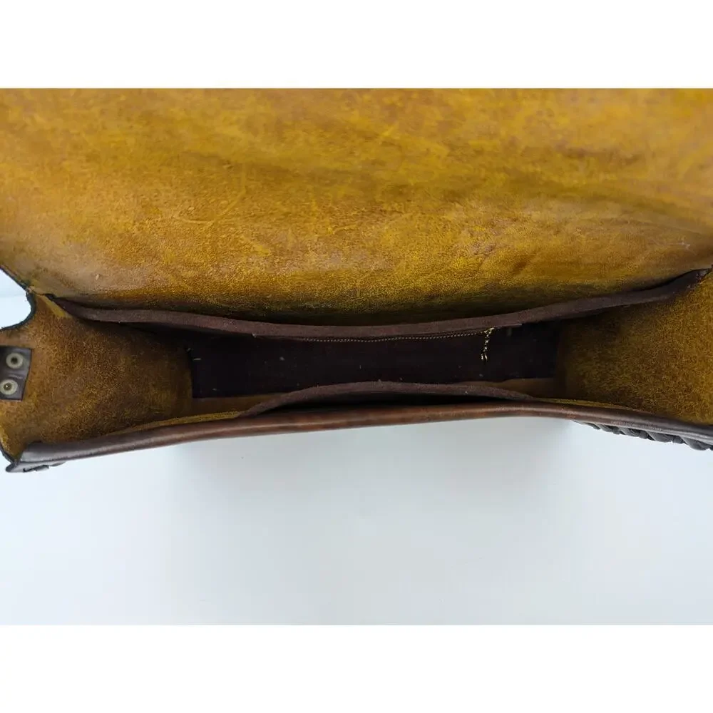 Vintage Tooled Leather Satchel, Whipstitch Boho Western Bag, Large, Brown Key